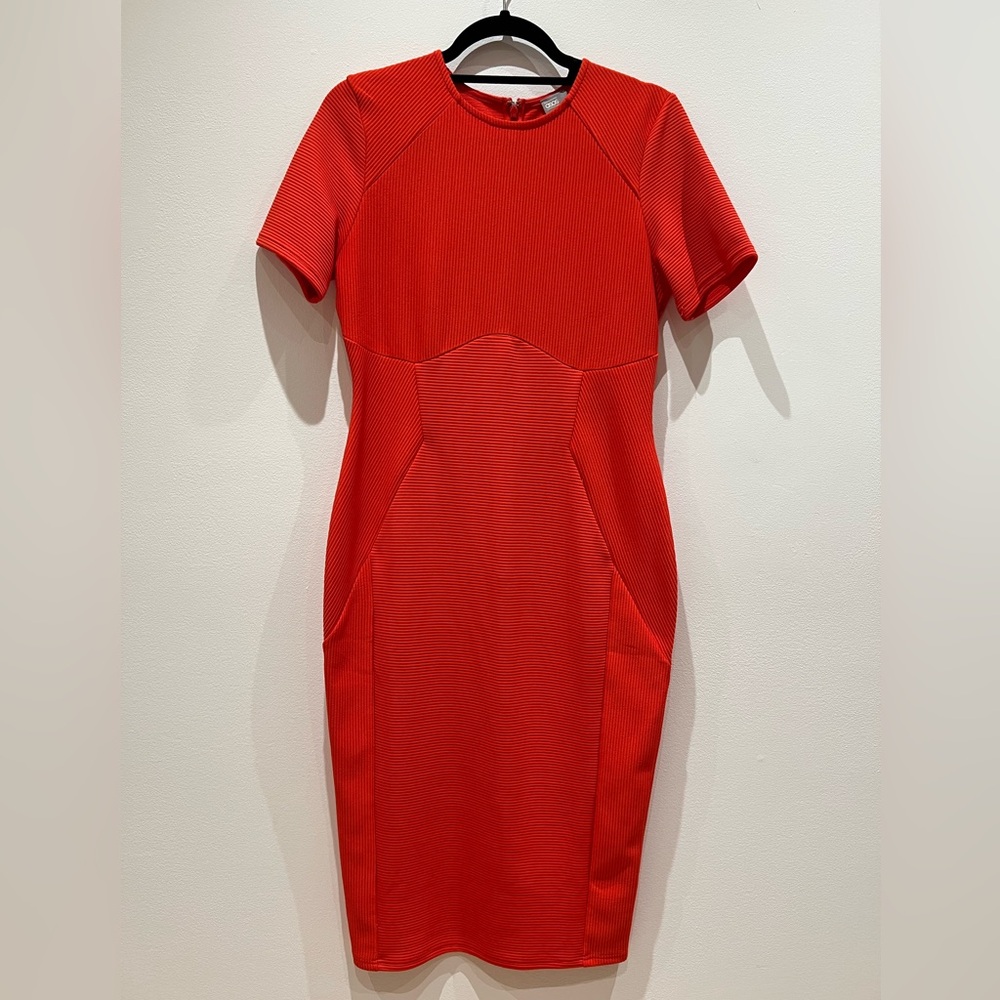 Red Ribbed Pencil Dress with Corset Seam Details